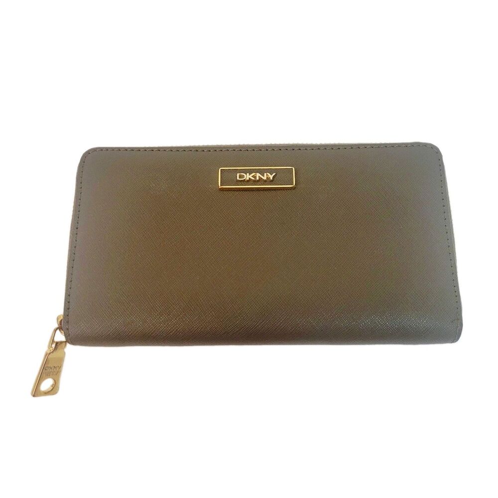 DKNY Taupe Saffiano Textured Zip Around Continental Wallet 7.5"